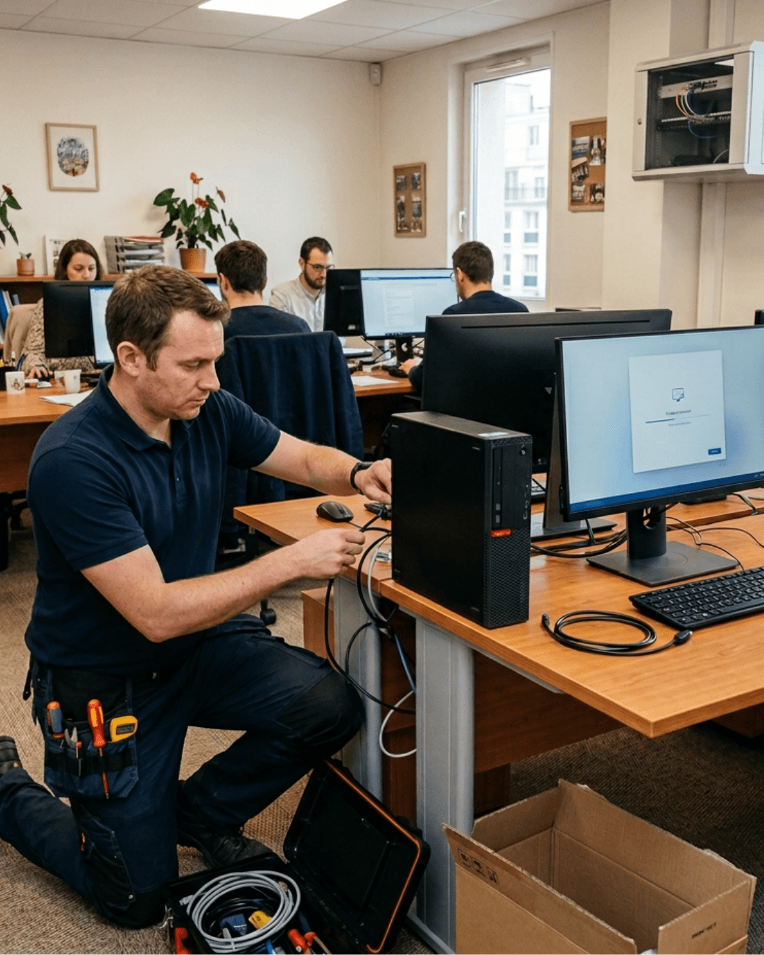 Technicien installant un poste informatique