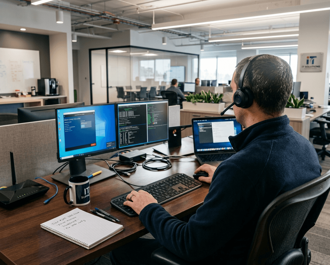 Technicien informatique assurant le support par téléphone